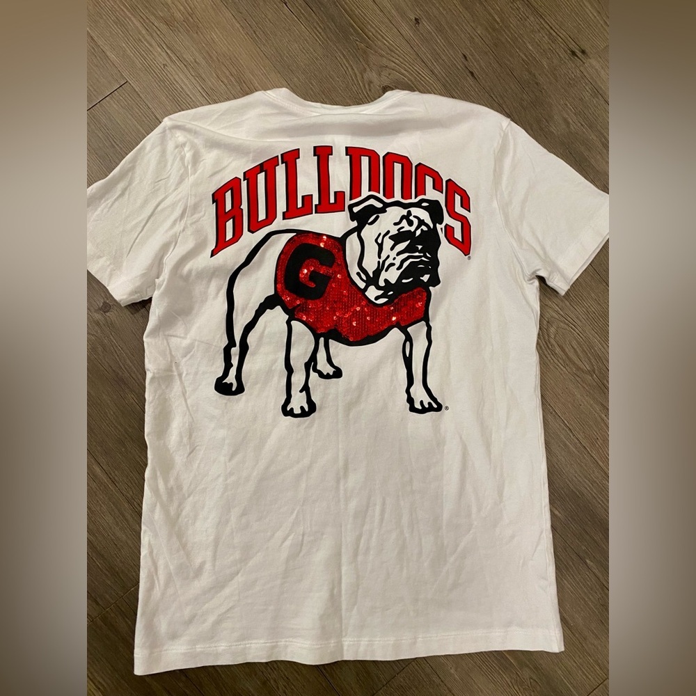 PINK Victoria's Secret White Tee with Red Sequin Bulldog - Picture 1 of 5